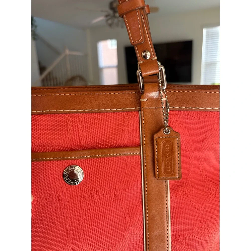 Coach Signature Jacquard Tote Bag Coral Coral Leather Trim Shoulder Bag